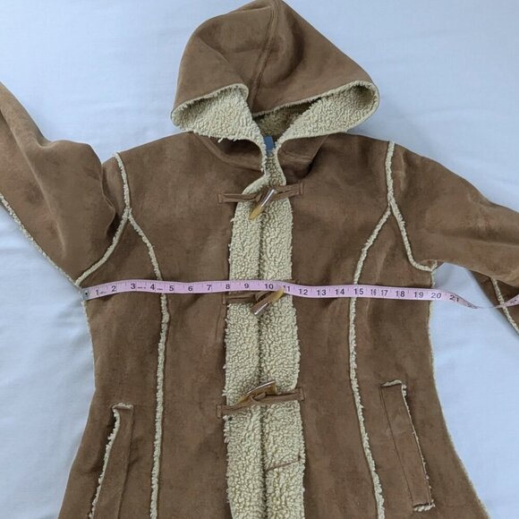 Tan Brown Sherpa Lined Faux Suede Toggle Closure Hooded Coat - Picture 4 of 6